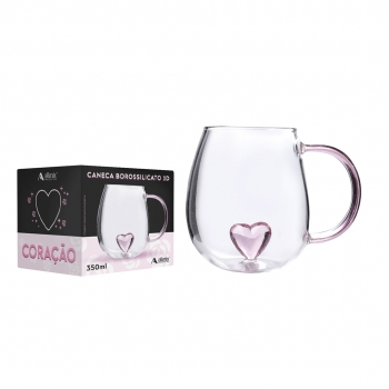 Caneca Borossilicato Coração 3D 350ml - Rosa